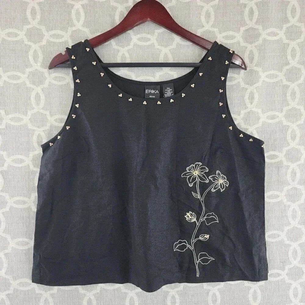 Erika Linen Blend Beaded Floral Black Crop Tank Top PXL